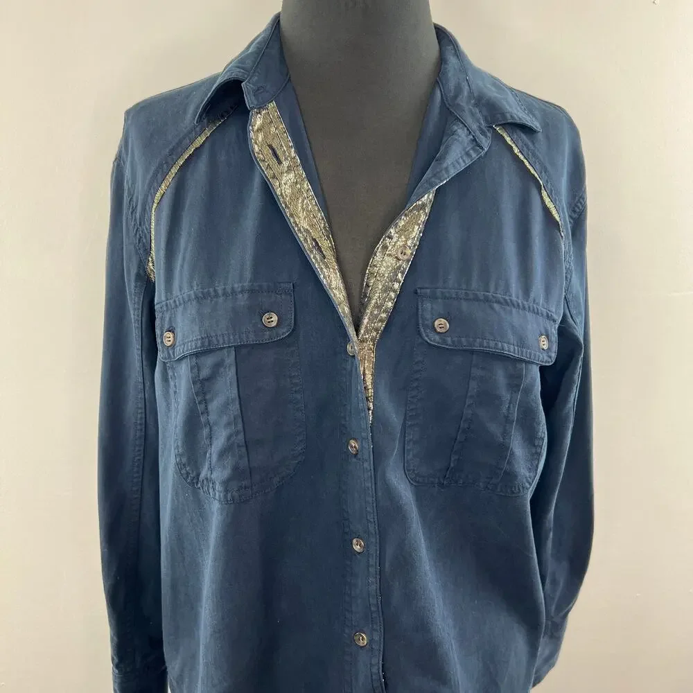 Free People Blue Long Sleeve Off Campus Button Down Tencel Collared Top Size XS